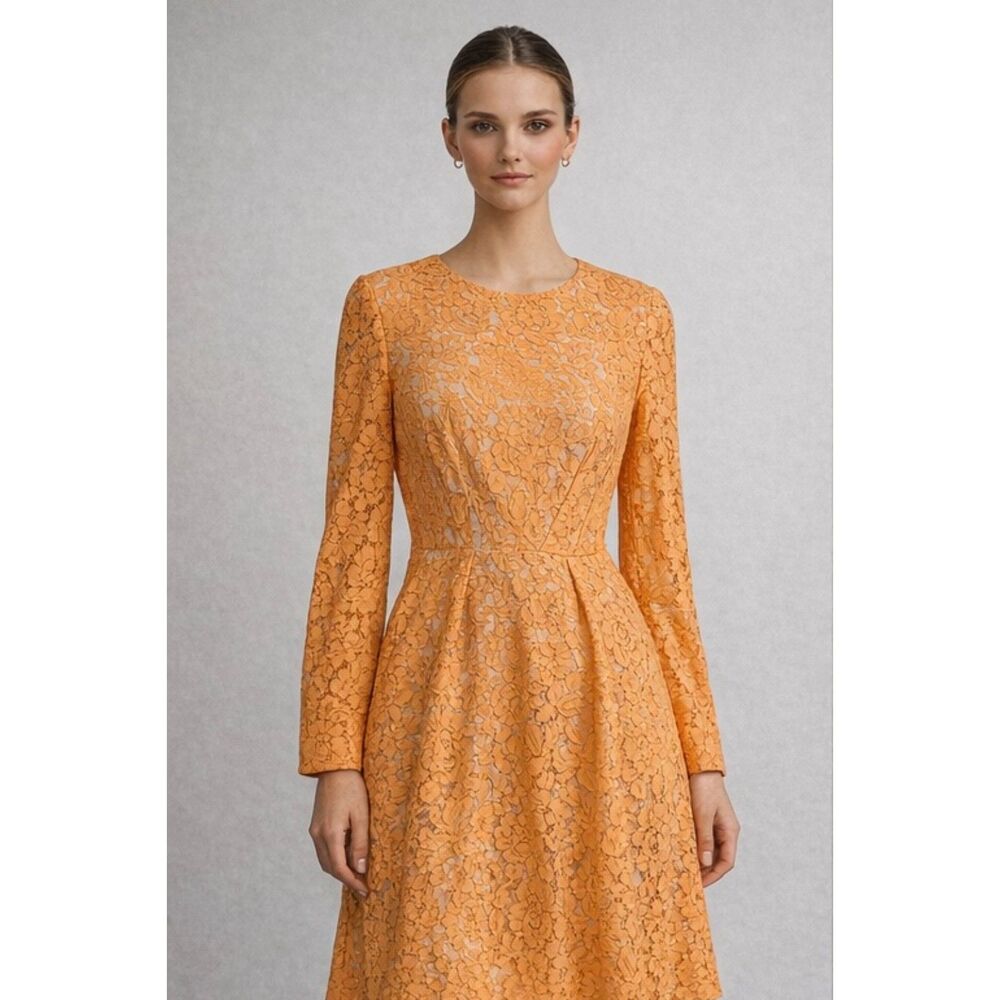 BCBG MAX AZRIA Women’s Sz 6 Coral LACE Beautiful CUTOUT  Long sleeve DRESS ECU